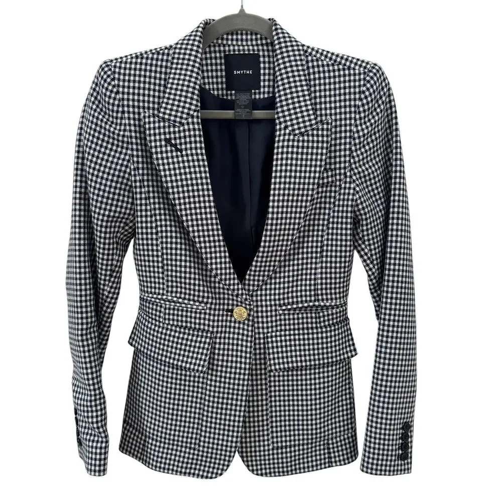 Smythe Classic Duchess Wool Blazer Gingham Check Navy White Size 2 - Picture 3 of 12